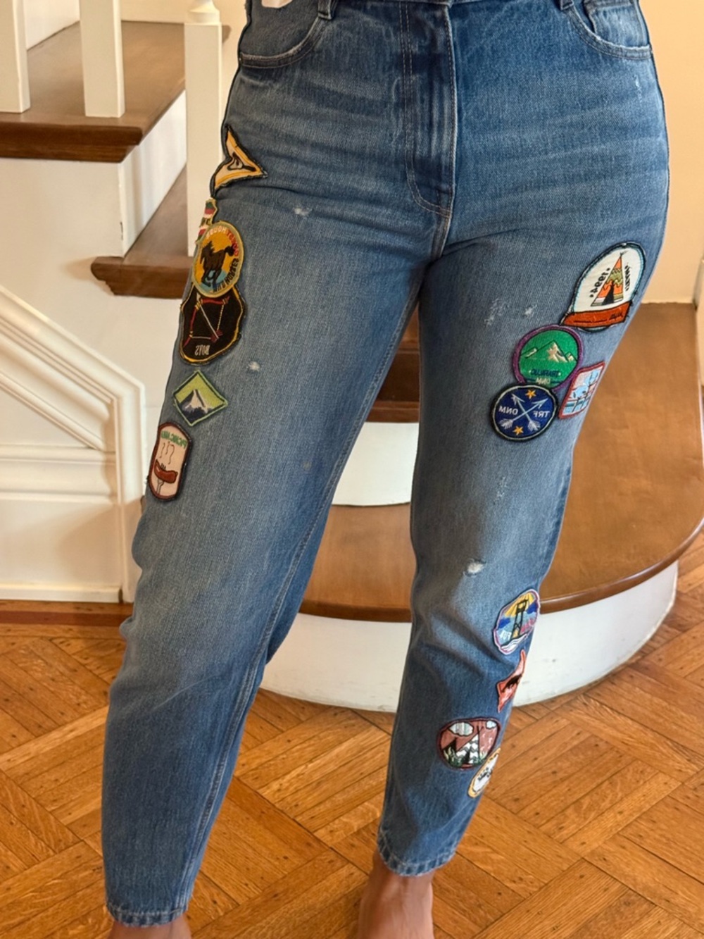 Zara Medium Blue Boyfriend Jeans with Patch Patches